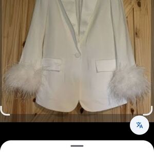 Chic White Feather-Accent Women's Blazer Pants Set